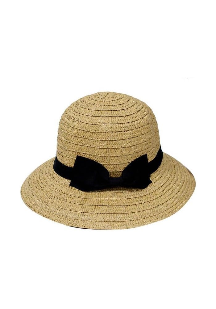 DAISO Unisex Wide Brim Hat with Ribbon in Brown/Black - Image 1